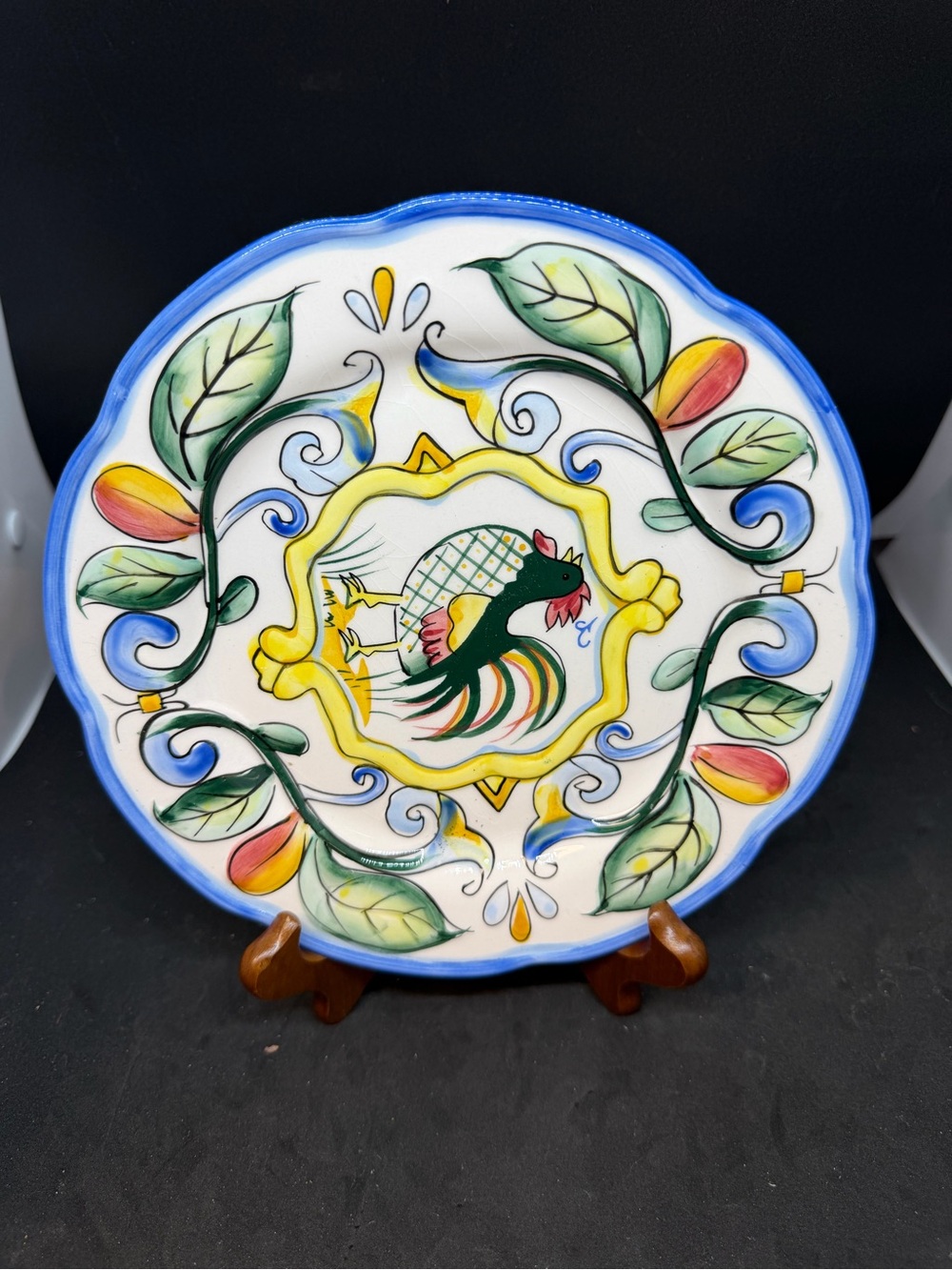 Fitz and Floyd Vibrant Rooster Ceramic Charger - Blue, Green, Yellow, Red
